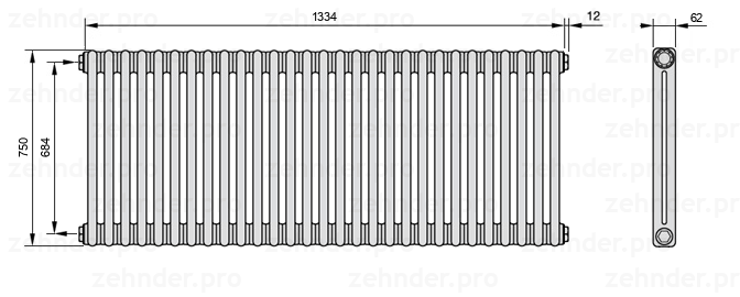 Схема (чертеж) Радиатор Zehnder Charleston 2075/29 №1270 Белый глянцевый RAL 9016